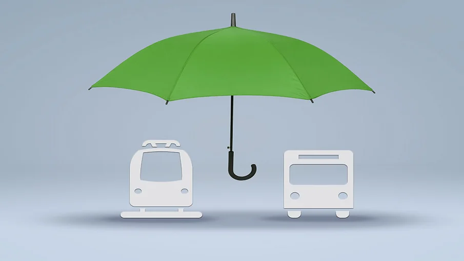 Symbolbild Rettungsschirm: gezeigt wird ein Schirm über Piktogrammen von Bus und Bahn