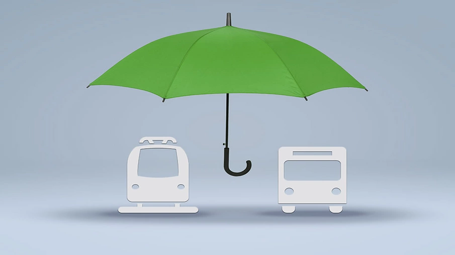 Grafik: Ein Regenschirm ist über einer Bahn und einem Bus aufgespannt