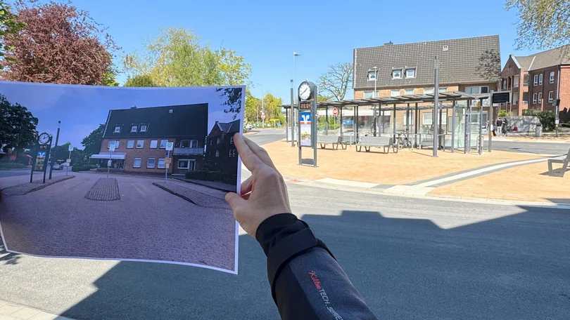 Der modernisierte Busbahnhof in Rees, im Vordergrund ein Foto des alten Busbahnhofs.