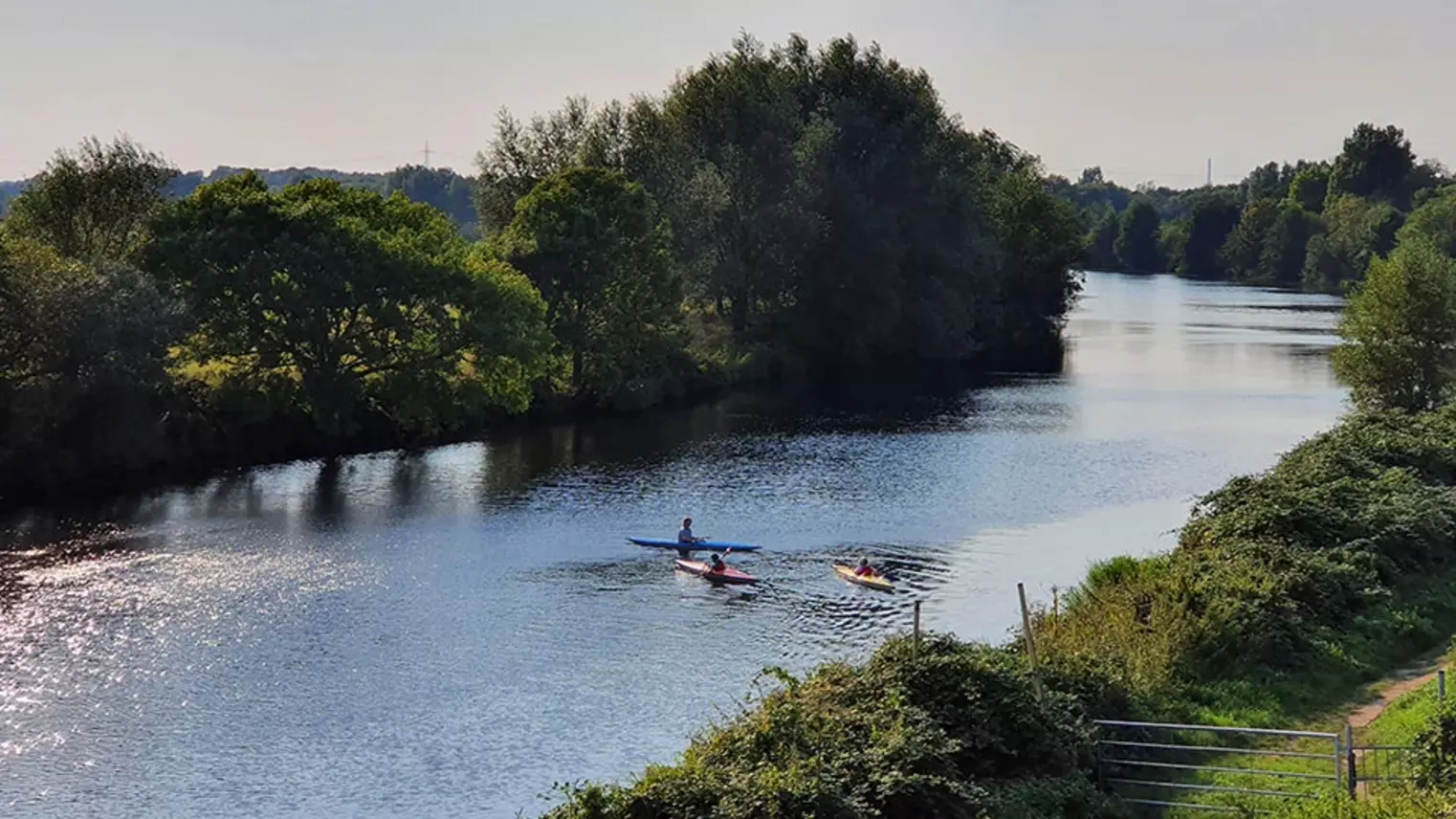 Drei Kanus fahren auf der Ruhr