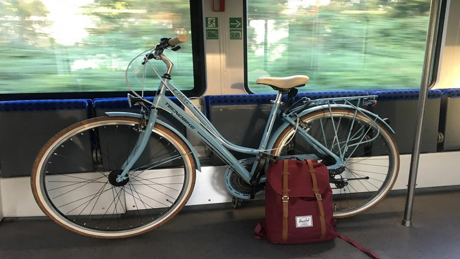 Ein blaues Fahrrad steht im Fahrradabteil eines fahrenden Regionalexpresses 