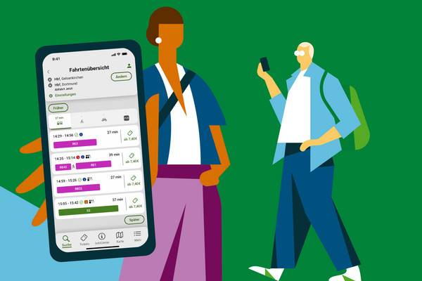 Eine illustrierte Person hält ein Handy mit der VRR App in die Kamera.