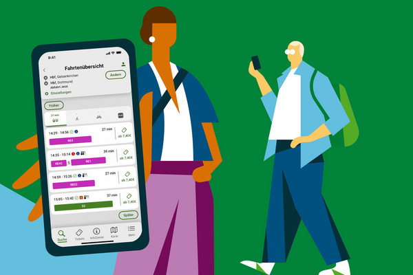 Illustration einer Frau mit Handy in der Hand auf der die VRR App zusehen ist. Im Hintergrund ein Mann mit einem Handy in der Hand.