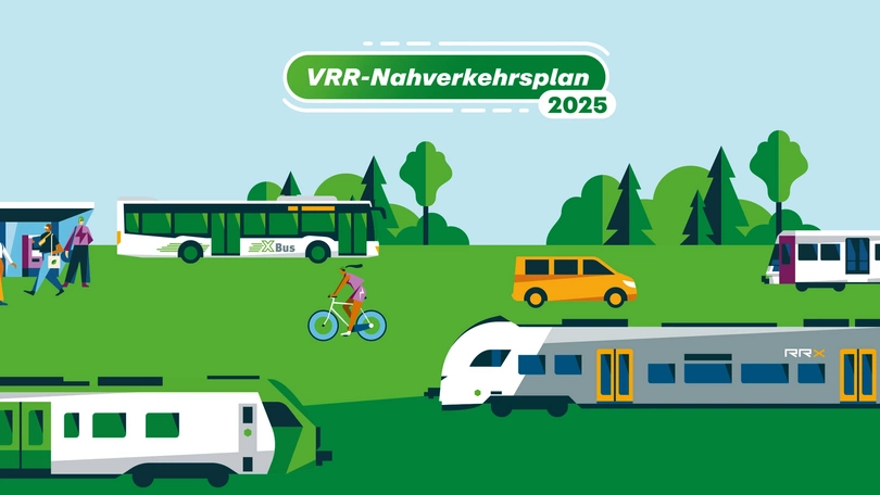 Illustration "VRR-Nahverkehrsplan 2025": Zu sehen sind diverses öffentliche Verkehrsmittel, Fußgänger, Radfahrer, eine Haltestelle