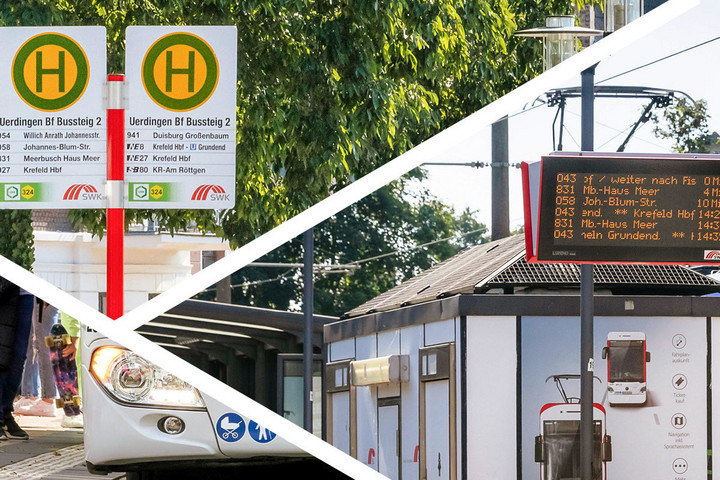 Collage mit Bildern von Haltestellen, zu sehen sind Schilder, Fahrgäste, Busse und Fahrgastinformationsanlagen