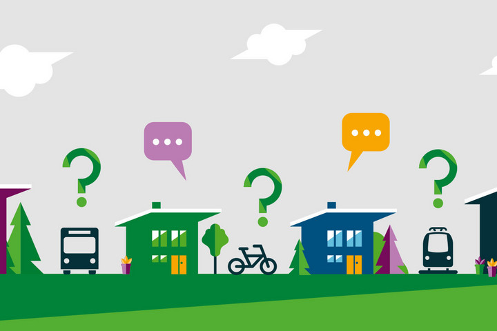 Illustration mit Häusern und unterschiedlichen Verkehrsmitteln wie beispielsweise Zug, Bus und Fahrrad