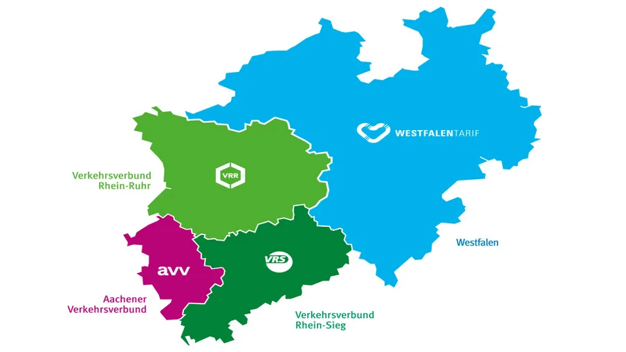Die Karte zeigt das Gebiet des VRR,VRS, AVV und den WT