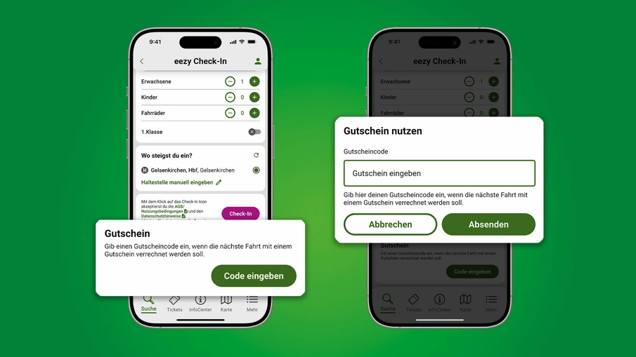 Zwei Smartphones mit dem Eingabefeld für Gutscheine in der VRR App