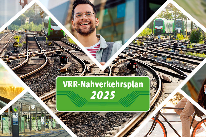 Bilder-Collage mit Fahrgästen, Infrastruktur, Zügen, einen Fahrrad und den Begriffen "VRR-Nahverkehrsplan 2025" und "Verkehrswende"