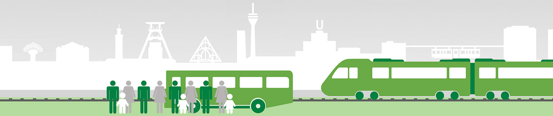 Eine Illustration, die die Landmarken des Ruhrgebiets im Hintergrund zeigt. Im Vordergrund sind ein Bus und ein Zug zu sehen und Menschen, die auf diese warten.