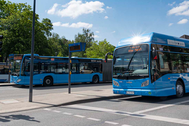 Wasserstoffbusse stehen an Haltestellen