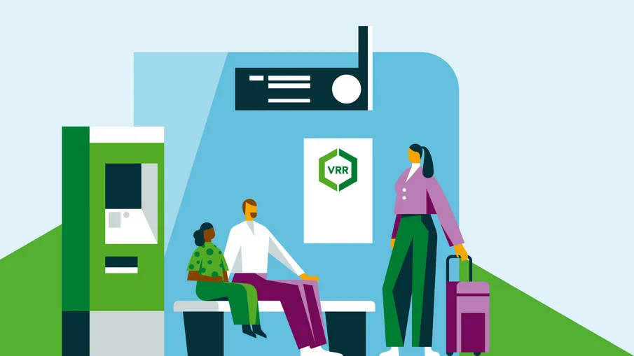 Illustration, drei Personen, zwei sitzend, eine stehend mit einem Koffer, daneben ist ein Ticketautomat zu sehen