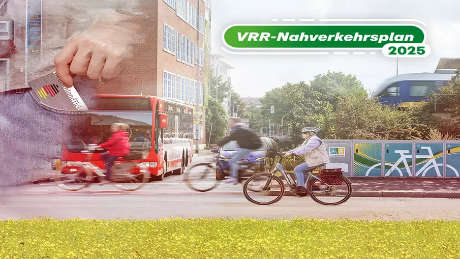 Bilder-Collage mit einem Störer "VRR-Nahverkehrsplan 2025": Zu sehen sind ein Zug, ein Bus, Fahrradfahrer, eine DeinRadschloss-Anlage und die Detailaufnahme einer Person, die ein DeutschlandTicket aus der Hosentasche zieht.