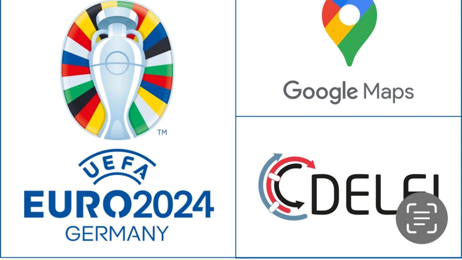 Das Logo der UEFA EURO 2024, Google Maps und Delfi