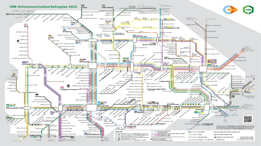 Schienenschnellverkehrsplan 2024 mit unterschiedlichen Farben für jede Linie und Taktung