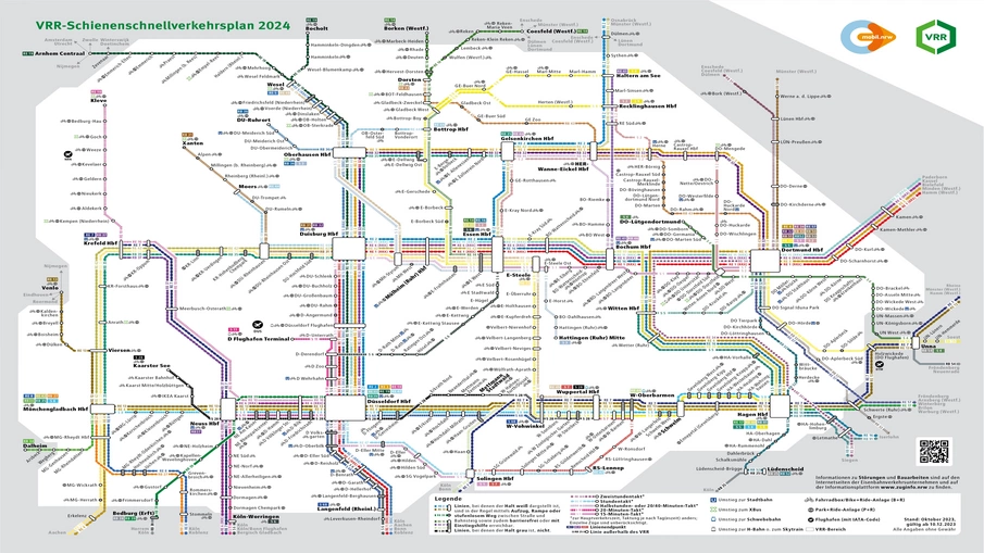 Schienenschnellverkehrsplan 2024 mit unterschiedlichen Farben für jede Linie und Taktung