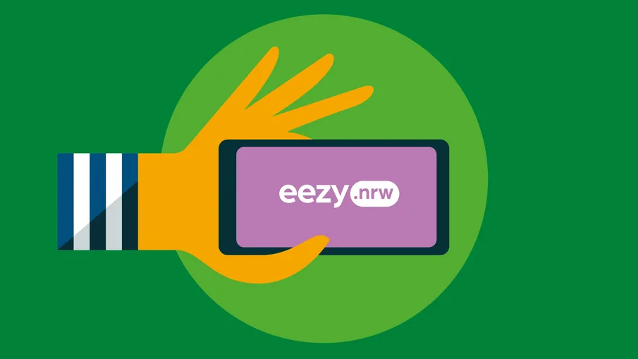 Illustration: eine Hand hält ein Smartphone mit dem eezy.nrw-Schriftzug im Display