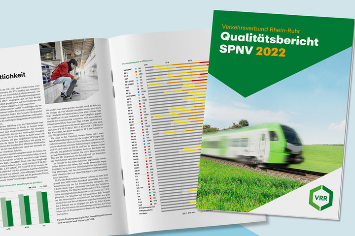 Ansicht des Titels und einer Doppelseite des SPNV-Qualitätsbericht 2022