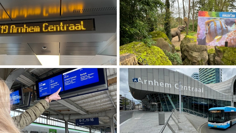 Vier Collagen zeigen verschiedene Eindrücke von der Fahrt mit dem Zug nach Arnhem Centraal.