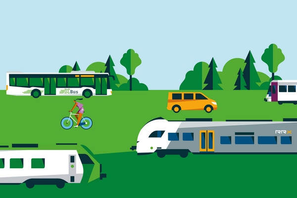 Illustrierte Züge, Autos und Fahrradfahrende