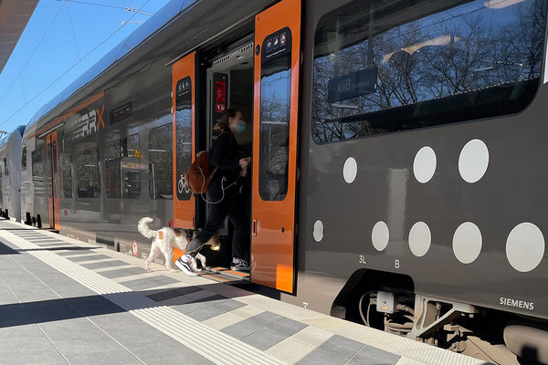 Der RRX hält am Bahnsteig in Düsseldorf-Bilk. Eine Frau mit Hund steigt in den Zug ein. 