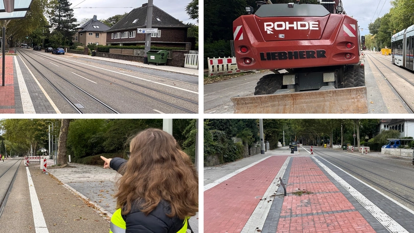 Eine Fotocollage bestehend aus vier Fotos von den Bauarbeiten der Straßenbahnhaltestelle Cranger Straße in Gelsenkirchen.