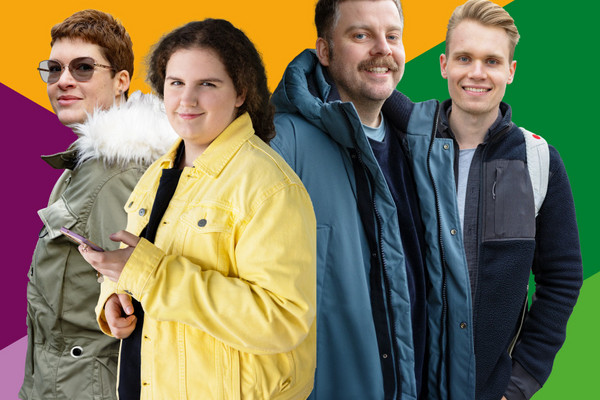 Die Collage zeigt vier junge Menschen, zwei Frauen und zwei Männer, die freundlich in die Kamera lächeln