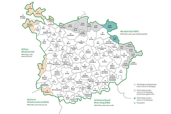 Darstellung der VRR-Verbundraumkarte sowie der angrenzenden Gebiete in den Niederlanden