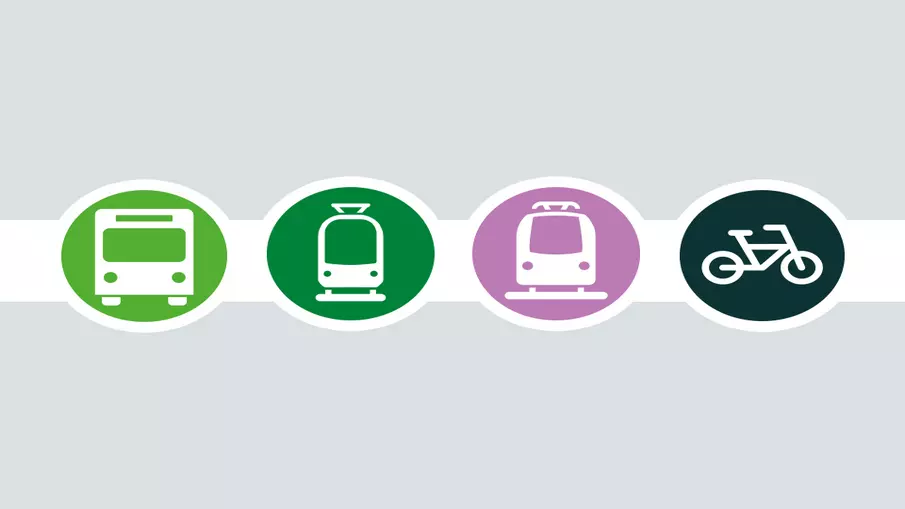 miteinander verbundene Piktogramme von Bus, Bahn, Zug und Fahrrad