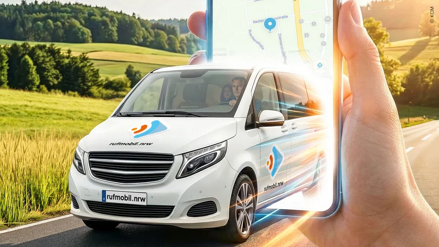 Keyvisual von rufmobil.nrw: eine überdimensionierte Hand hält ein Smartphone, aus dem Display kommt ein Fahrzeug von rufmobil.nrw