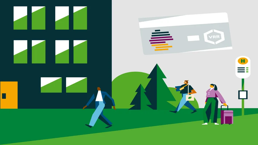 Illustration im VRR-Design: Mehrere Personen sind im Umfeld eines Gebäudes und einer Haltestelle zu sehen, ergänzt um ein DeutschlandTicket als Störer