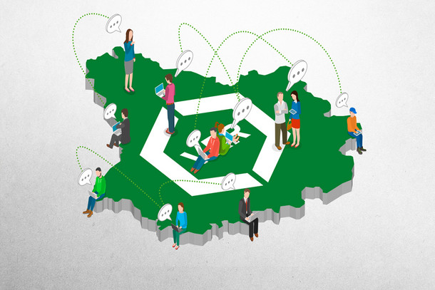 Grafik: Menschen sitzen oder stehen auf einer Kachel in Form des VRR-Gebiets
