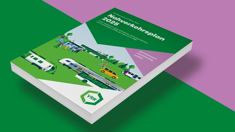 Illustration: Der VRR-Nahverkehrsplan 2025 vor einem farbigen Hintergrund