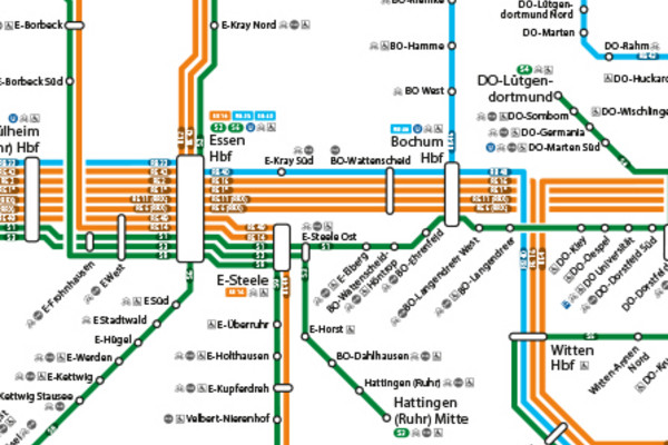 Verschiedene Bahnlinien auf einer Karte dargestellt