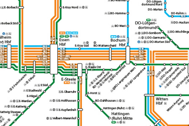 Verschiedene Bahnlinien auf einer Karte dargestellt