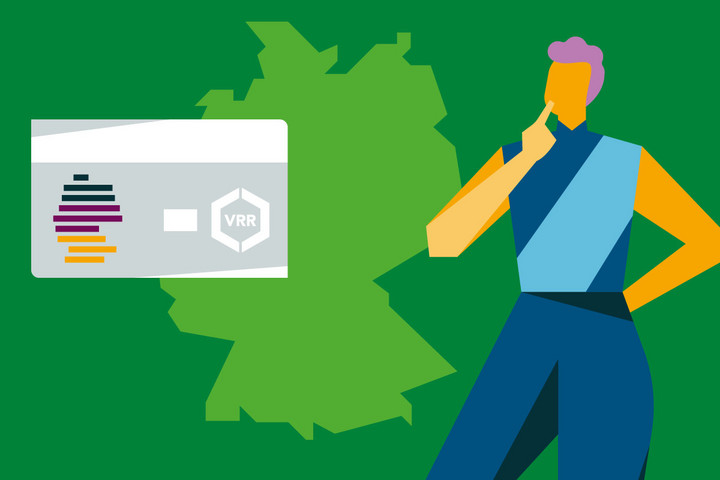 Illustration eines DeutschlandTickets und einer Person vor einer stilisierten Deutschlandkarte