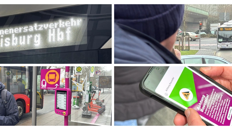 Eine Collage aus vier Fotos die Bilder eines Schienenersatzverkehr zeigen, die VRR App und einen Mann der etwas in sein Handy eintippt