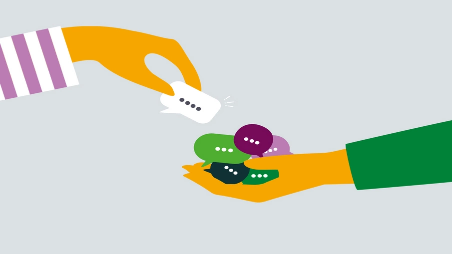 Illustration: Eine Hand legt Gedanken-Sprechblasen in eine andere Hand