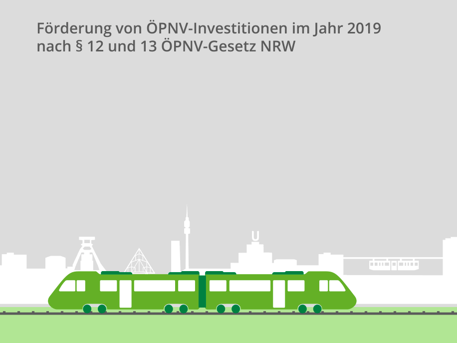 Die Grafik zeigt die Förderung von ÖPNV-Investitionen im Jahr 2018 nach Paragraph 12 und 13 des ÖPNV-Gesetz NRW. Es gab hierbei §12 59 und bei §13 32 Neubewilligungen und bei §12 circa 36 Millionen Euro Fördermittel und bei §13 113. Millionen Fördermittel.