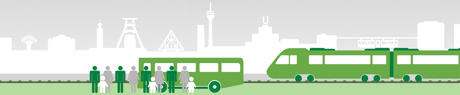 Eine Illustration, die die Landmarken des Ruhrgebiets im Hintergrund zeigt. Im Vordergrund sind ein Bus und ein Zug zu sehen und Menschen, die auf diese warten.