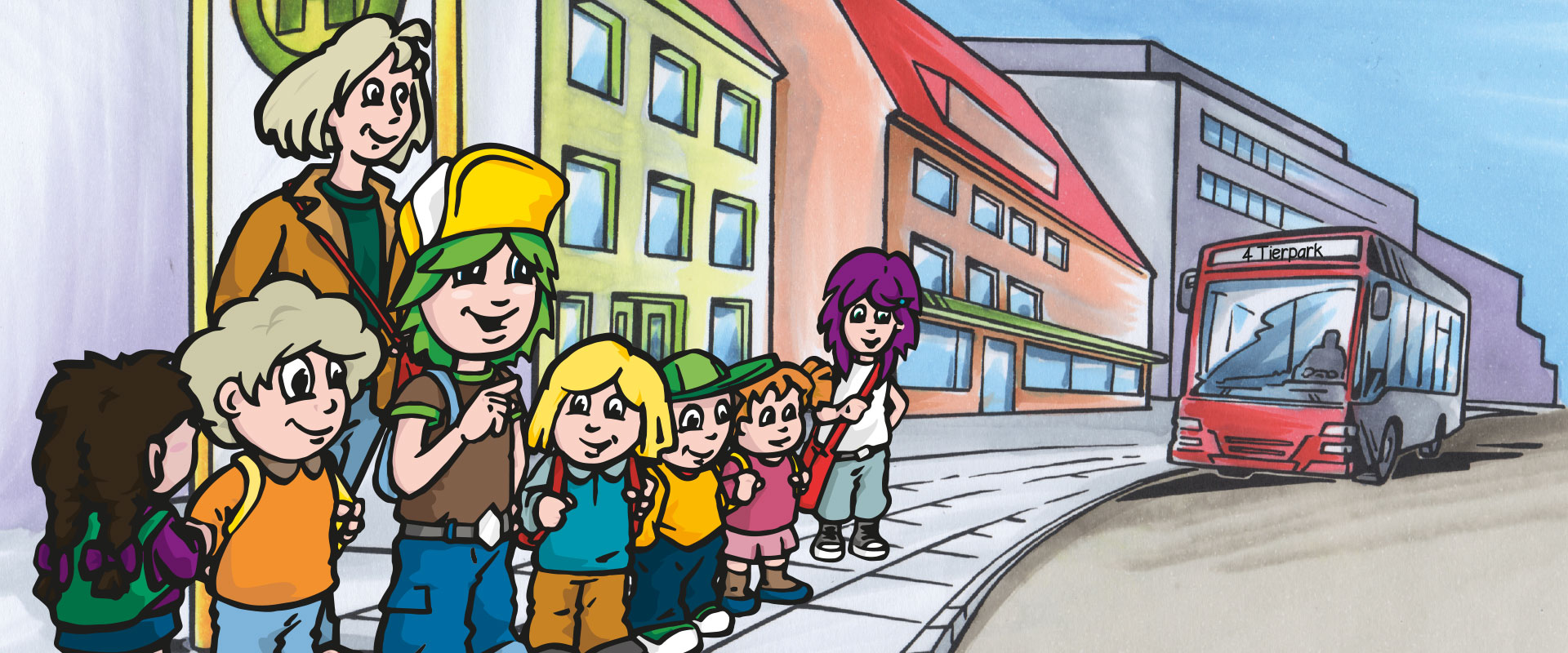 Comic-Zeichnung von Kindern, die am Straßenrand stehen und auf den Bus warten