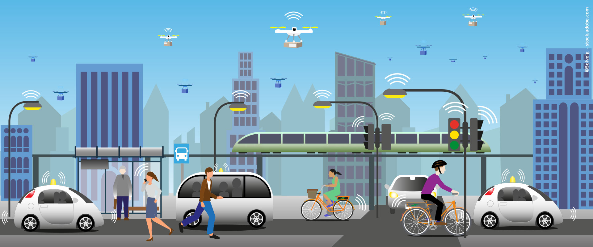 Eine Grafik, die die zukünftige Mobilität mit Paket-Drohnen und autonomen Fahrzeugen darstellt