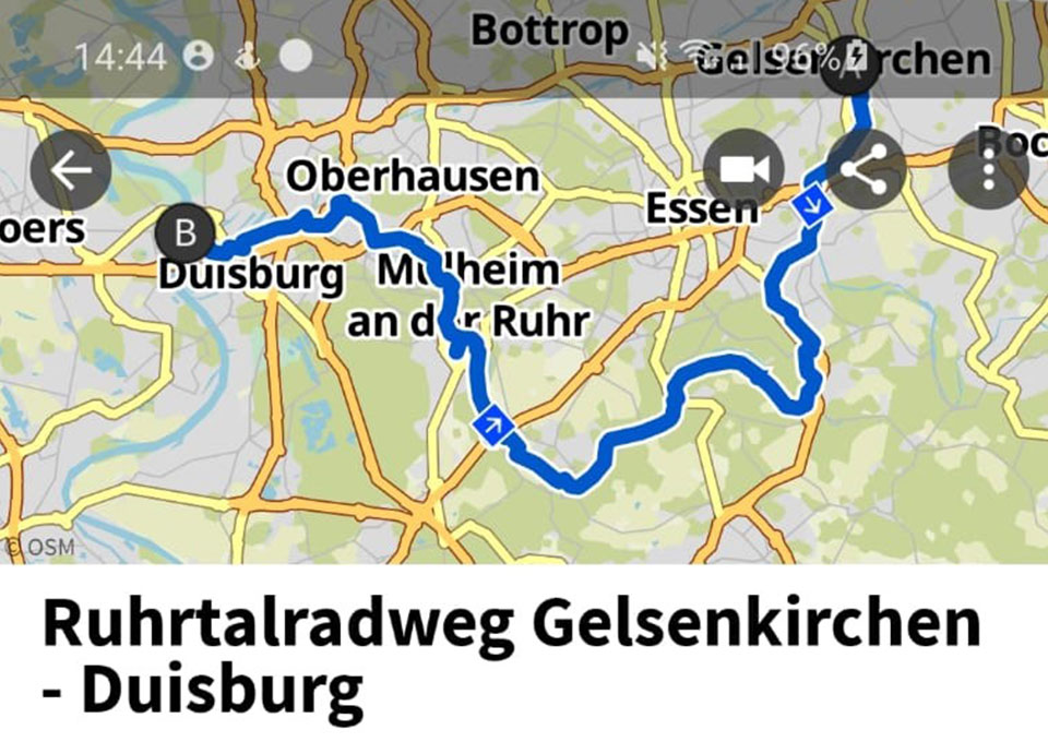 Grafik: Stecke des Ruhrtalradwegs von Gelsenkirchen nach Duisburg