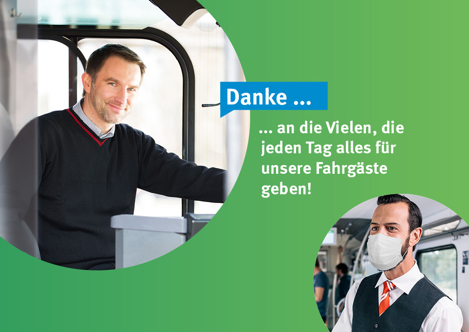 Ein Bildausschnitt des Kampagnenmotivs zeigt einen Busfahrer im Bus sowie einen Servicemitarbeiter mit Mund-Nase-Bedeckung in der Bahn