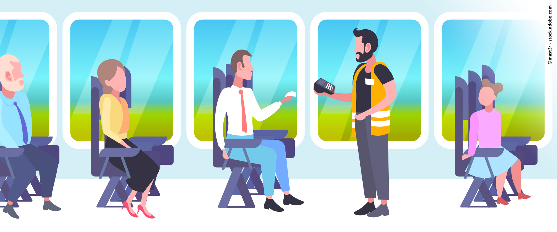 Illustration eines Zugabteils mit Fahrgästen und Prüfpersonal