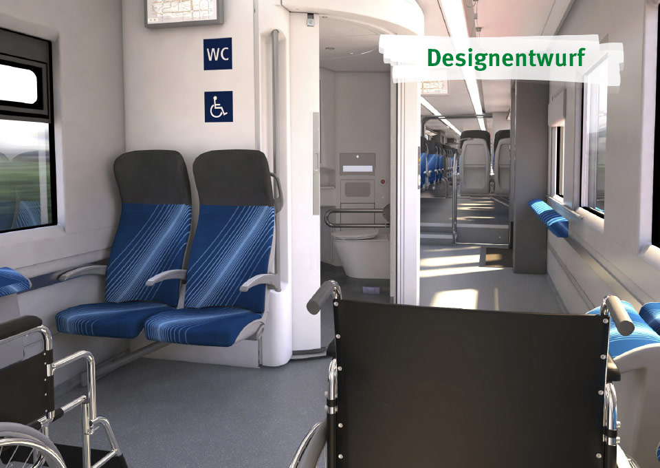 Designentwurf der BEMU-Fahrzeuge - Innenraum mit Toiletten und Mehrzweckbereich