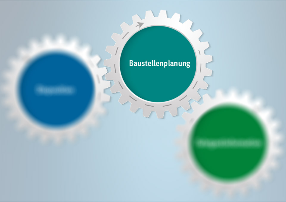 Ansicht eines Zahnrades "Baustellenplanung", zwei weitere Zahnräder unscharf