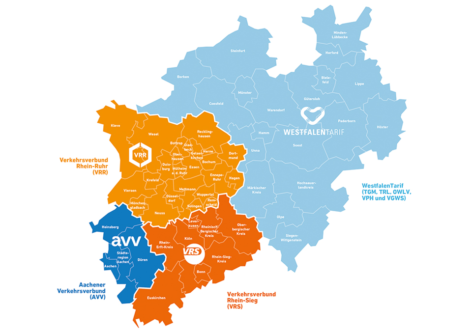 NRW-Karte mit Verbund-, Stadt- und Kreisgrenzen