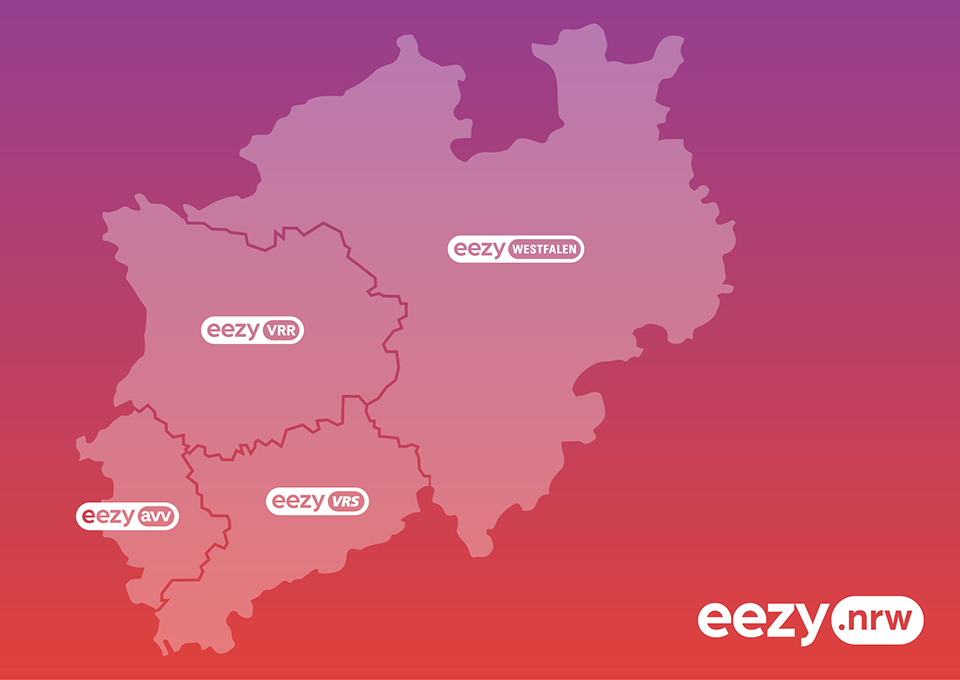 Eine NRW-Karte, die die Verbundräume der 4 Verbünde von eezy aufzeigt