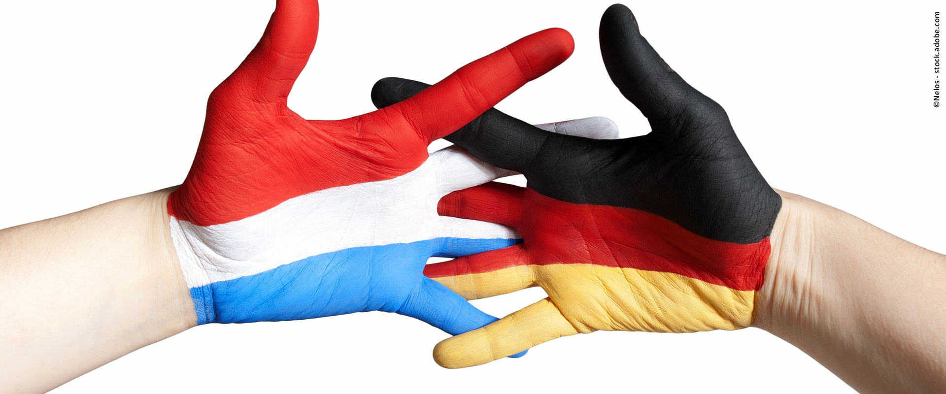 Zwei Hände greifen ineinander, bemalt mit den Nationalfarben der Niederlande und von Deutschland